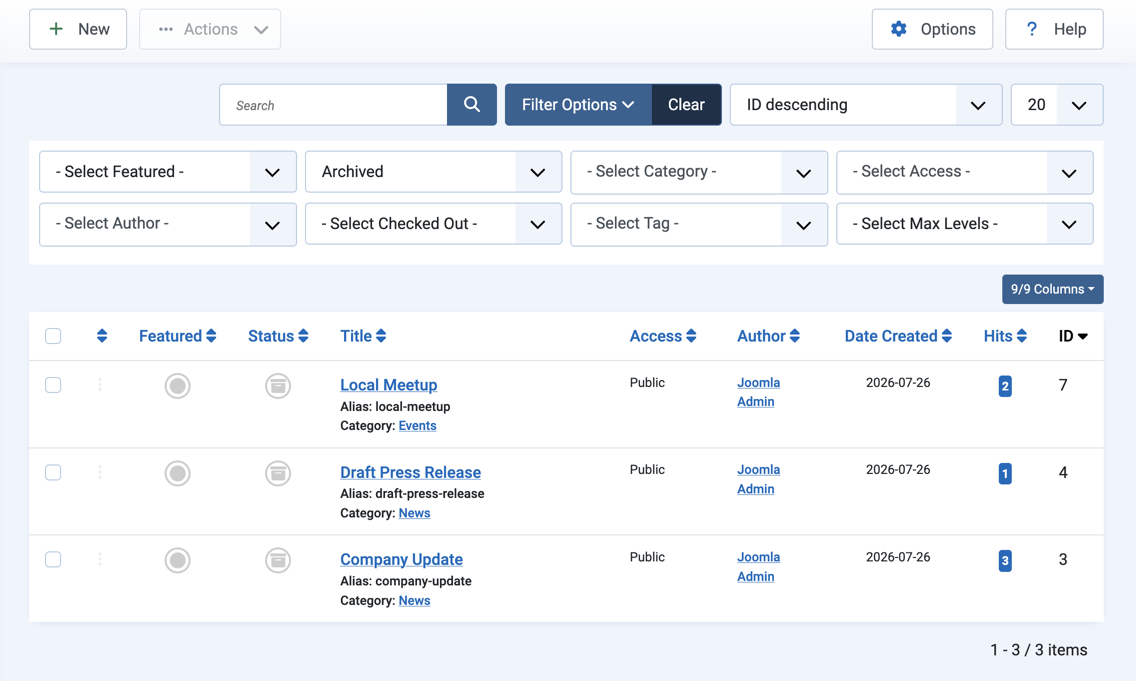 Select Status dropdown set to Archived, showing the three archived articles