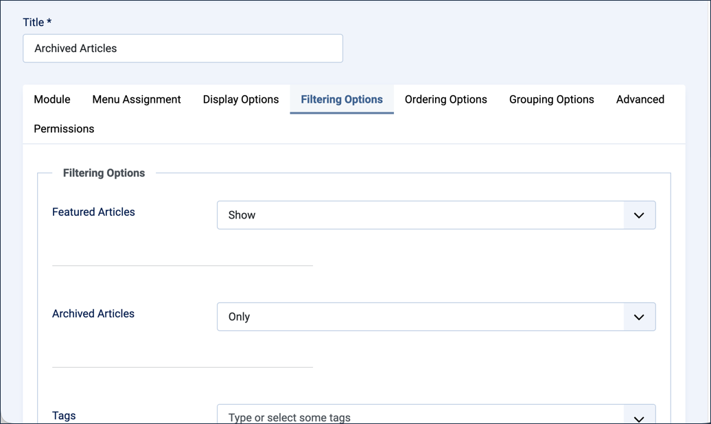 Filtering Options tab of the module with the Archived Articles field set to Only