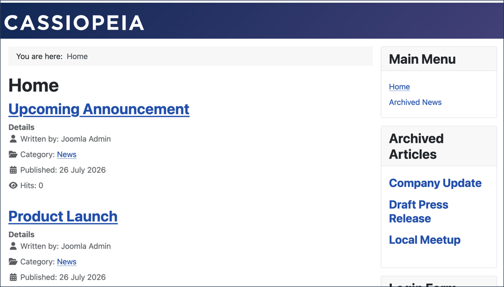 Frontend sidebar showing the Archived Articles module listing three articles