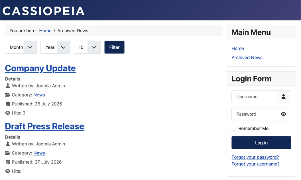Frontend Archived News page listing Company Update and Draft Press Release