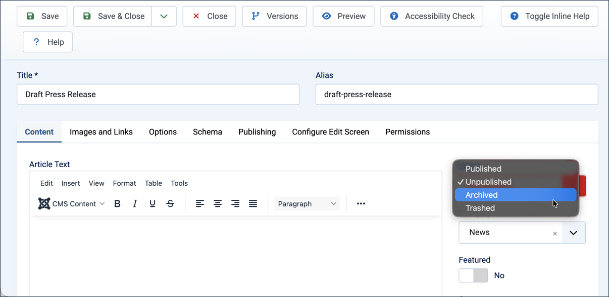 Status dropdown open in the article editor with Archived highlighted, for Draft Press Release