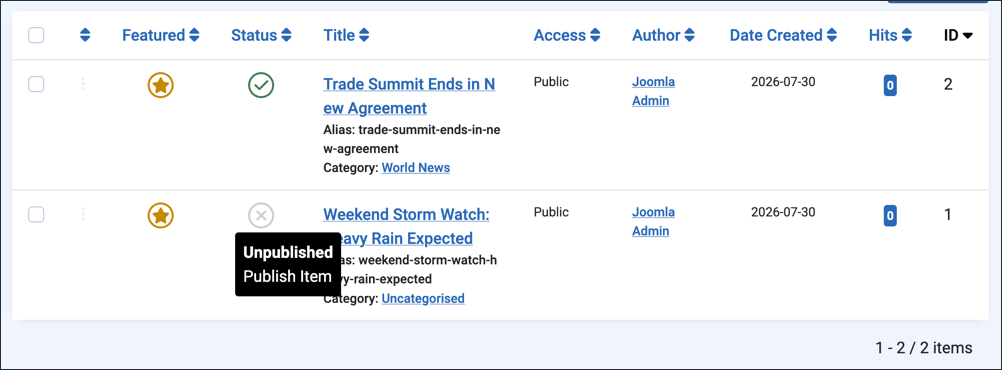 Status icon in the articles list