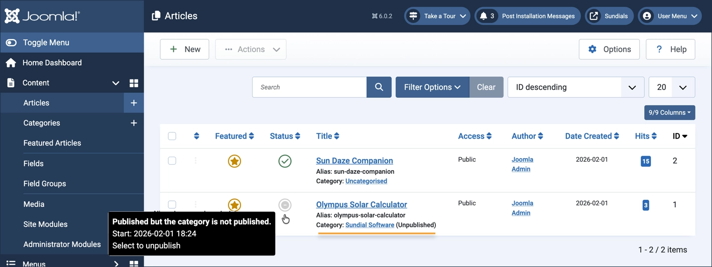 Category-unpublished indicators in the article list