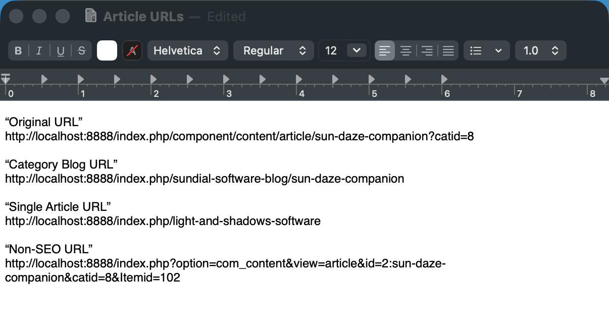 Image of a text editor with several URLs