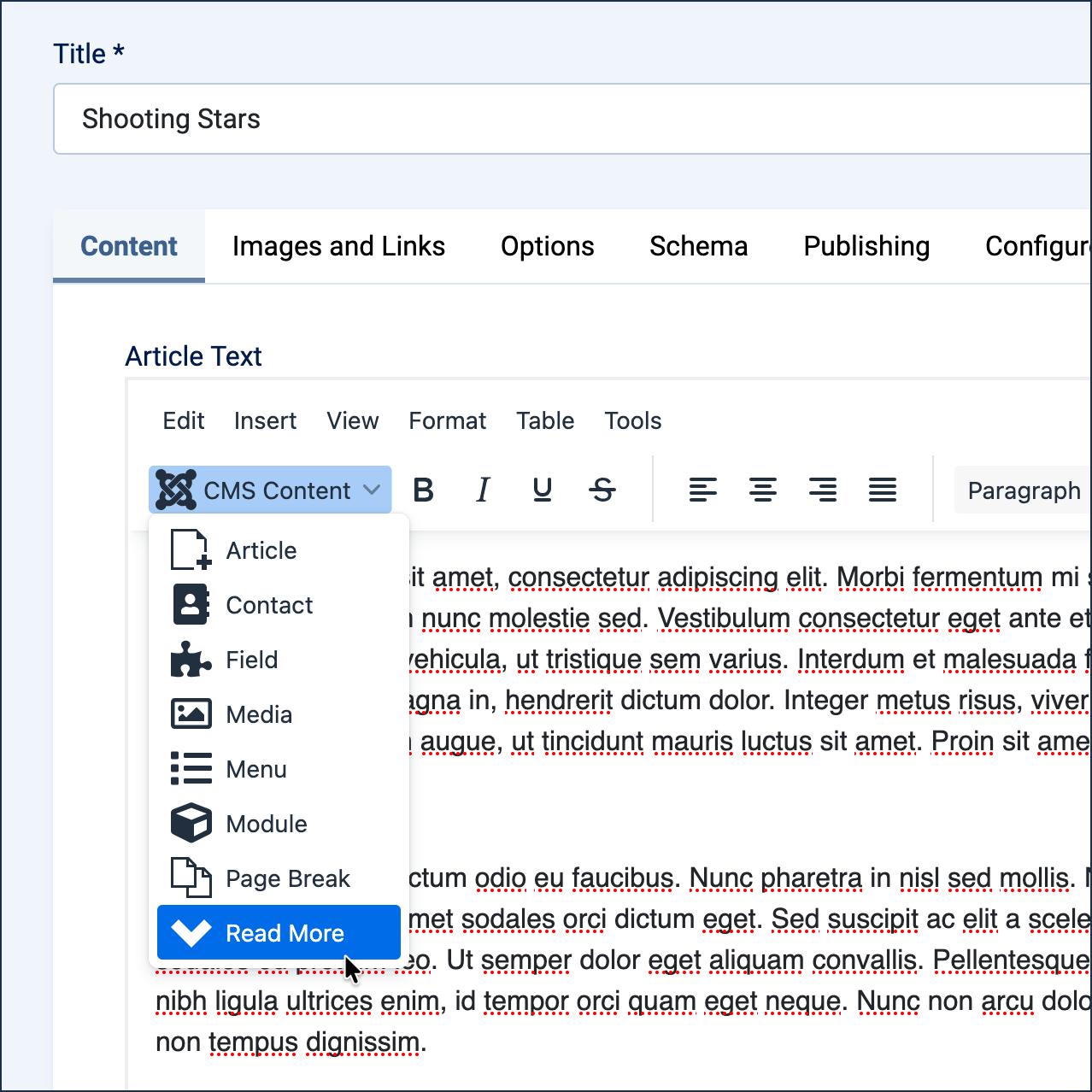 Read-more control in the CMS Content dropdown