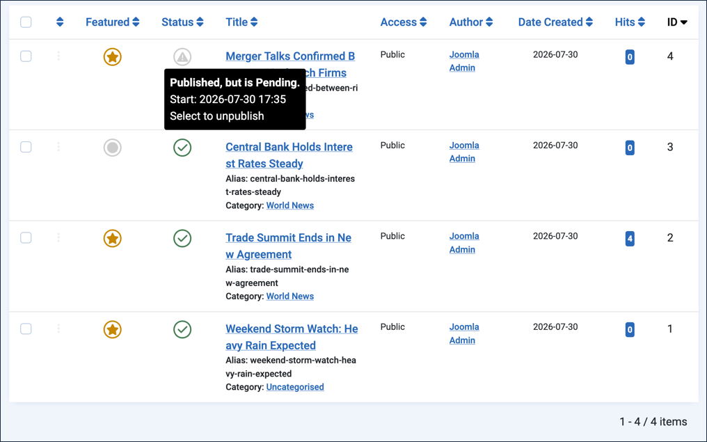 Icon shows the article is published but pending
