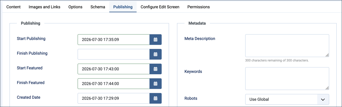 Setting featured start and finish time