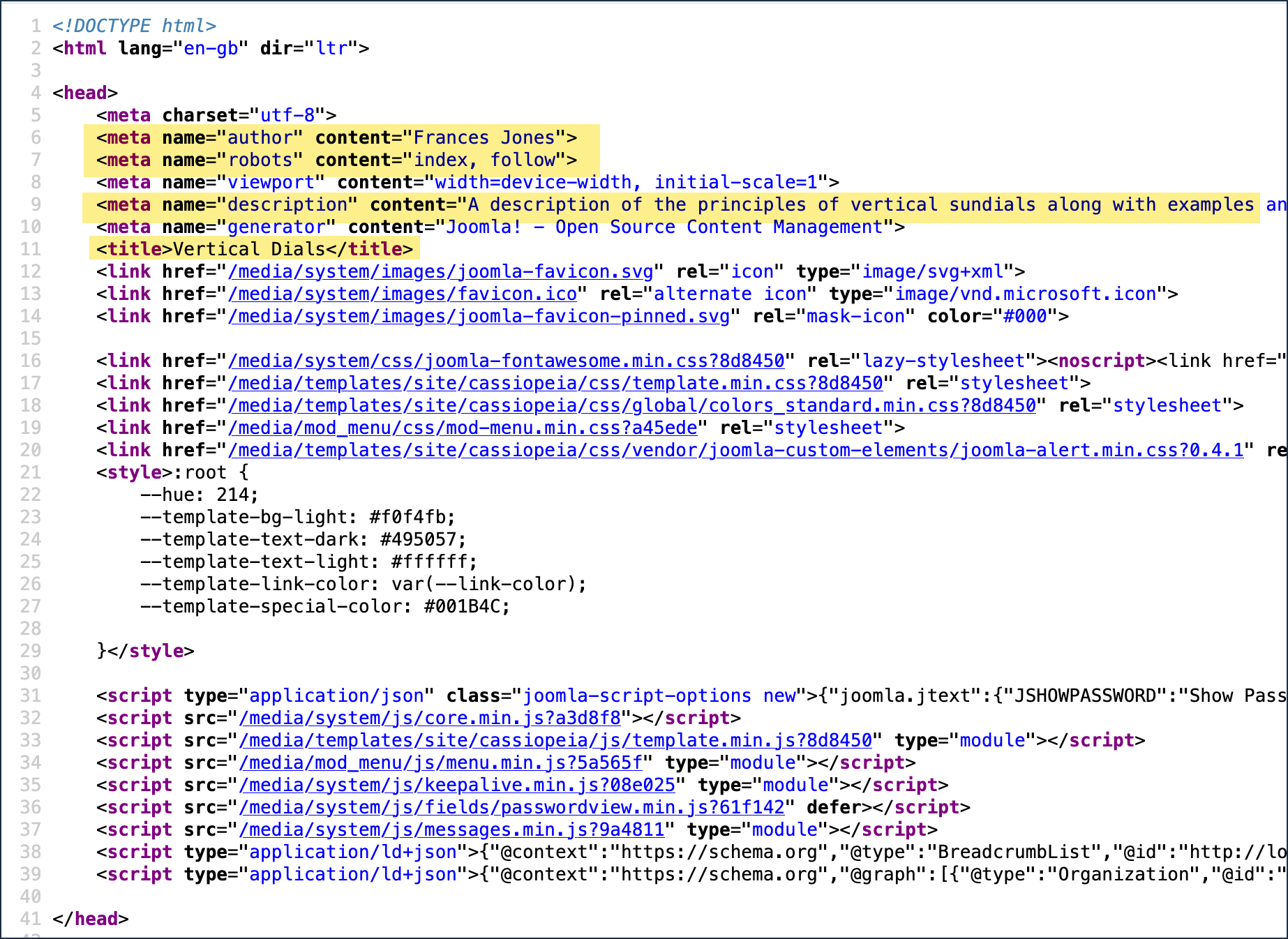 Meta elements in the head tag of the webpage with several tags highlighted