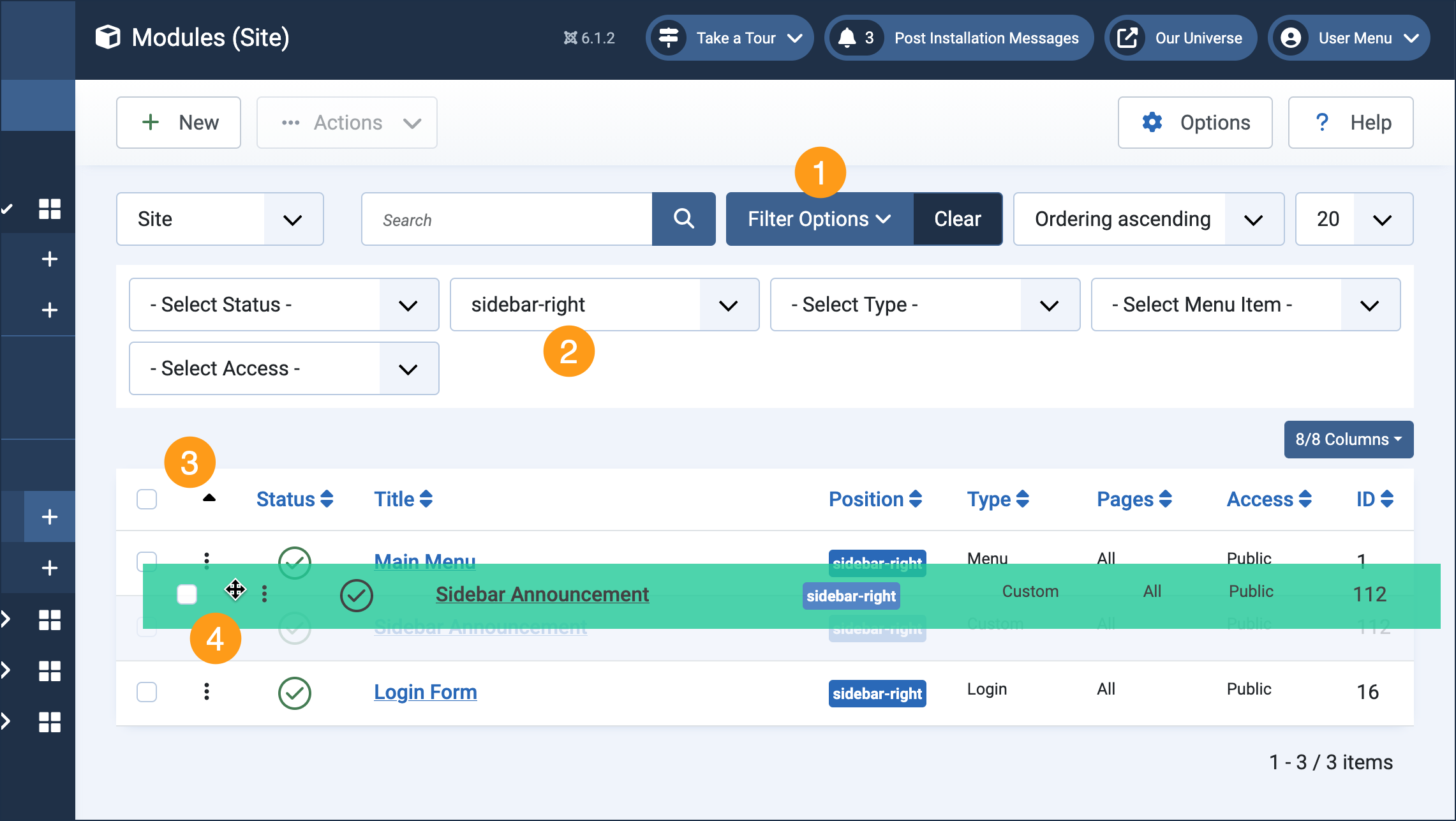 Steps to reorder the modules