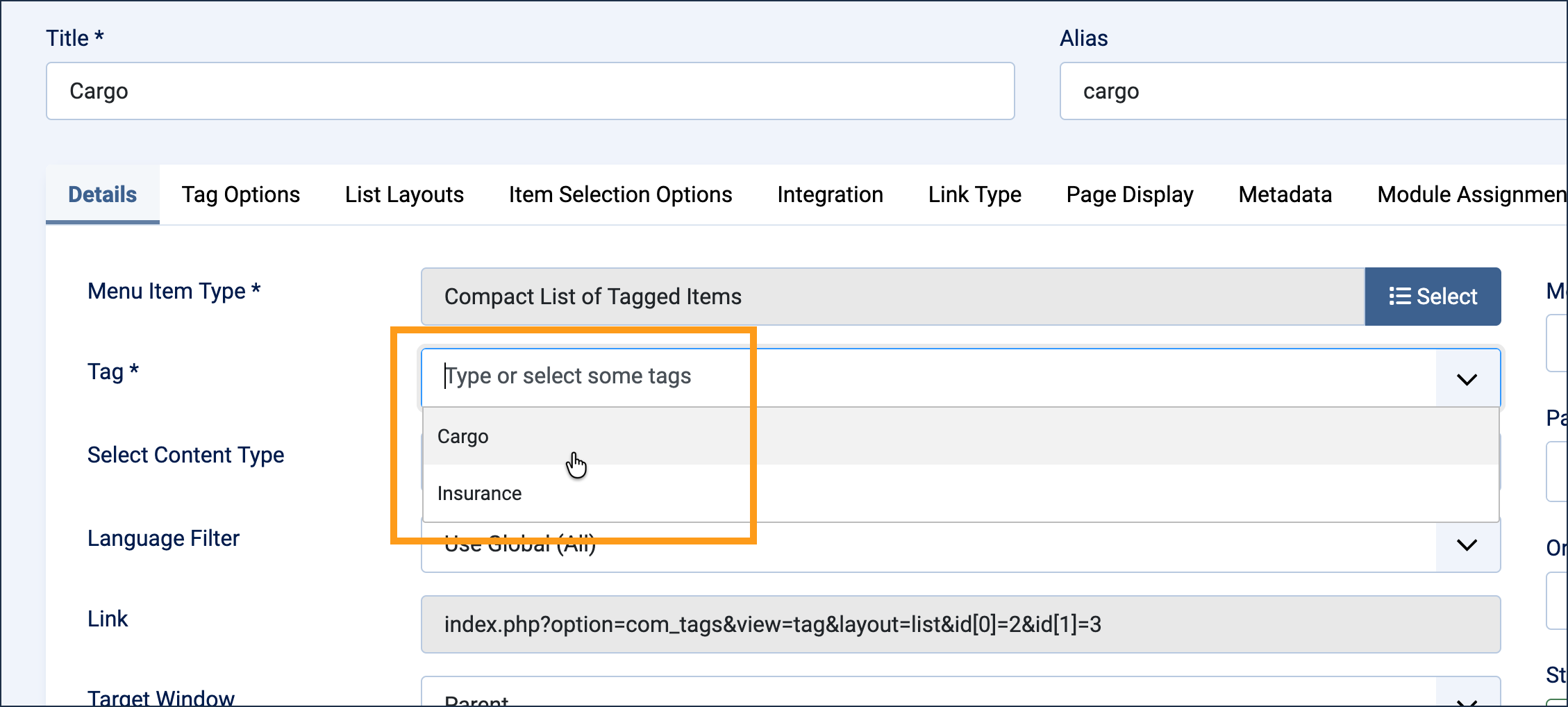 Selecting the Tagged Items menu item type