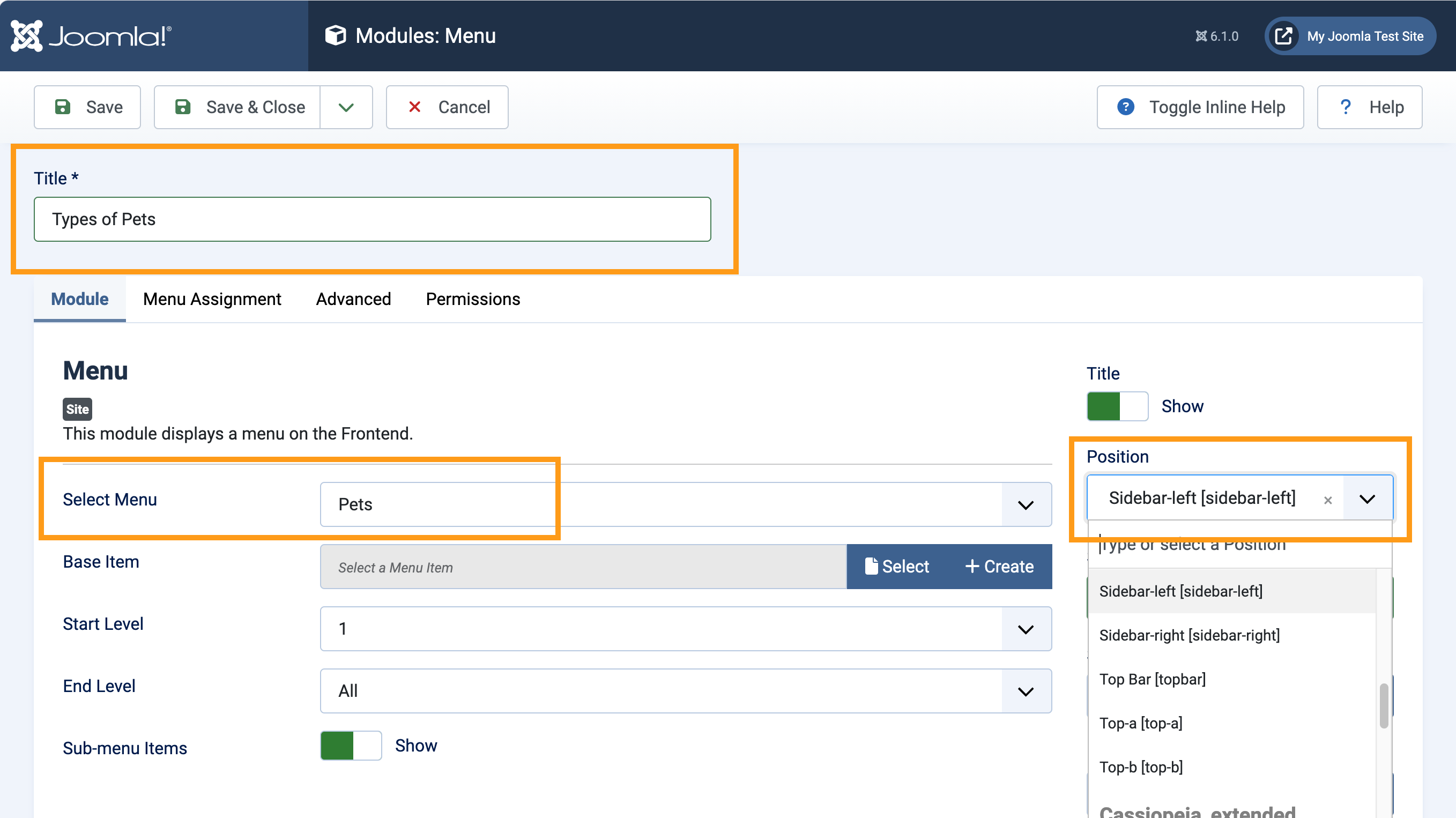 New-site-module menu-type form with title; menu, and position