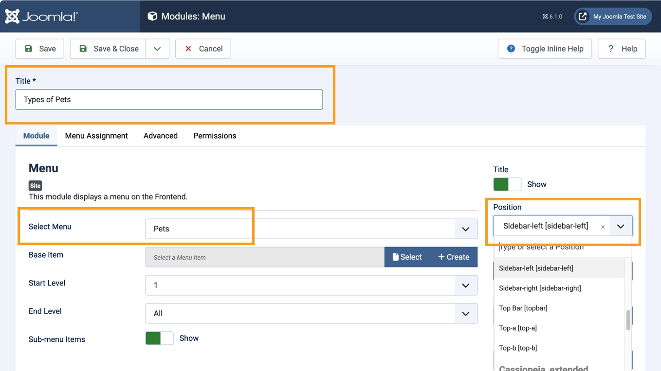 New-site-module menu-type form with title; menu, and position