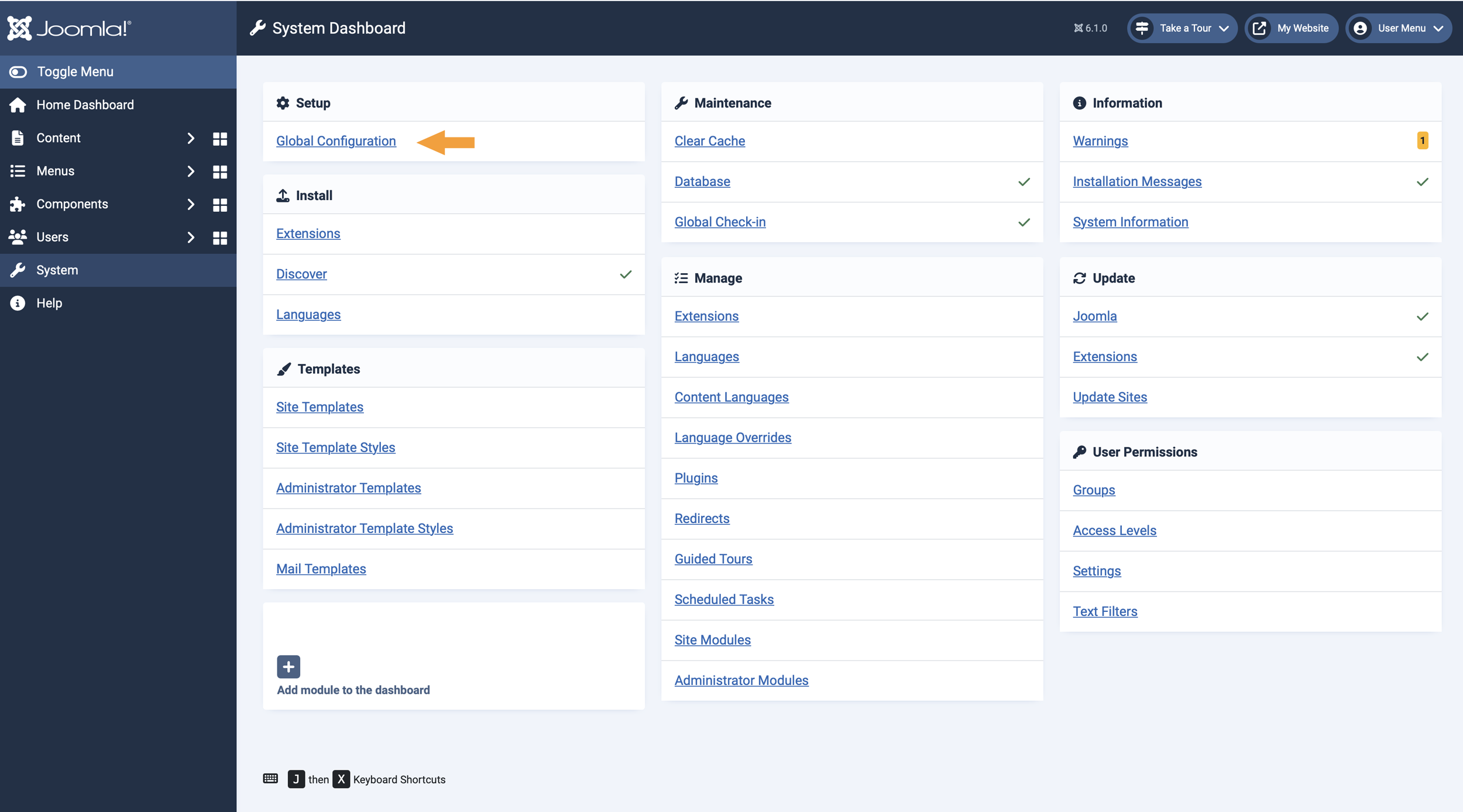 Global Configuration location in the System page