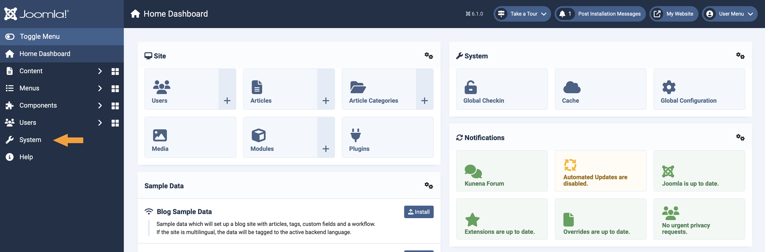 System menu in the Joomla Administrator sidebar