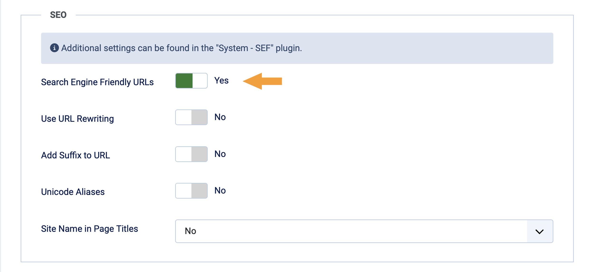 SEO Settings section showing Search Engine Friendly URLs option set to Yes