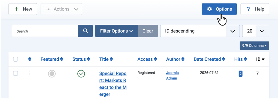Location of the articles option button in the toolbar