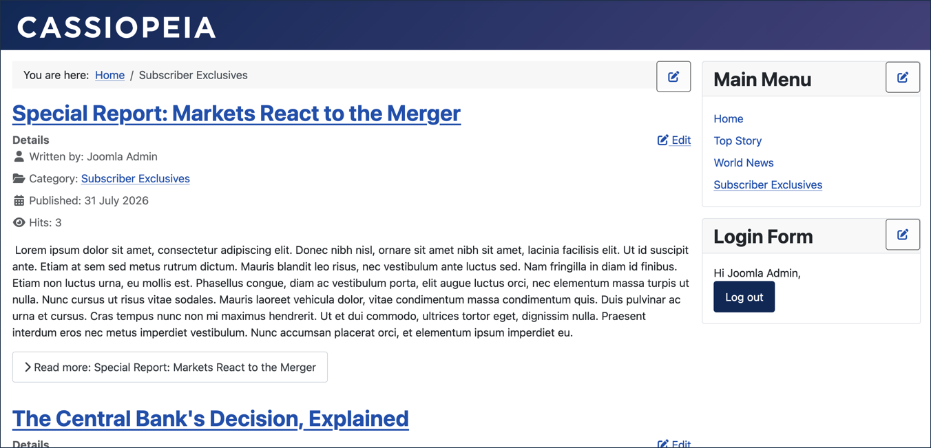 Category Blog when logged into the frontend