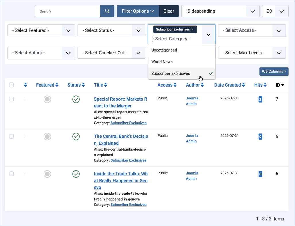Filtering the articles list by category