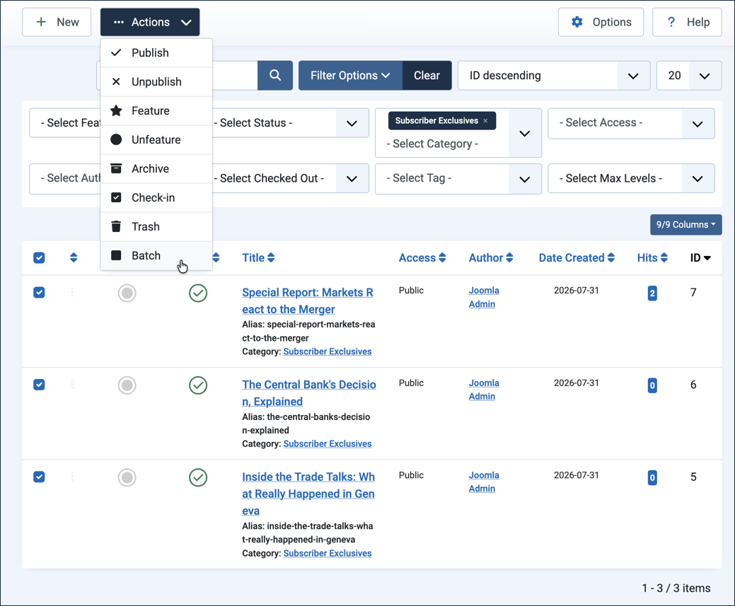 Initiating a batch process on selected articles