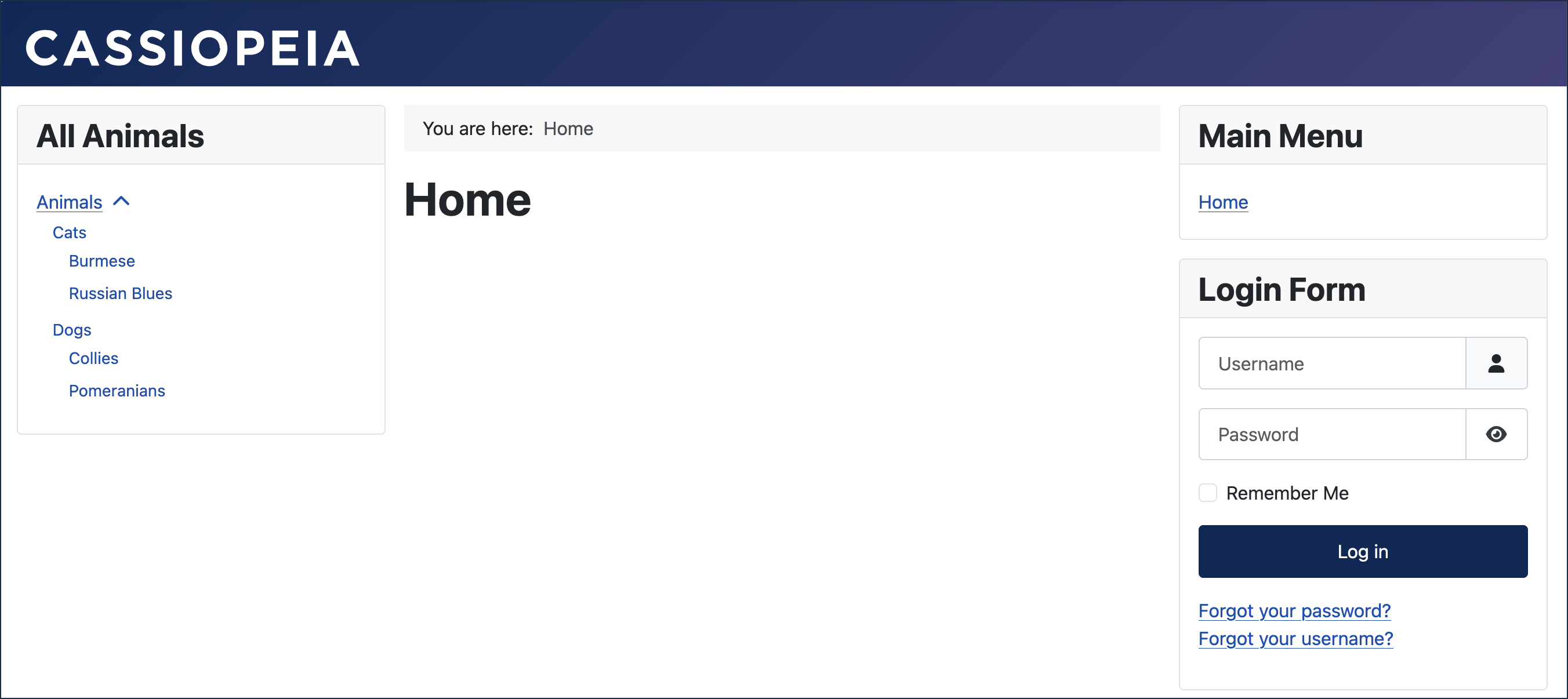 The All Animals menu on the homepage