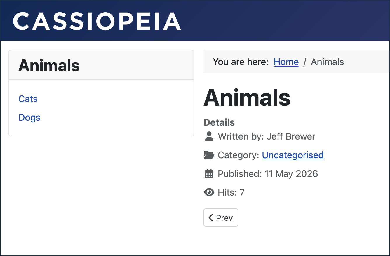Animals menu displaying links for Dogs and Cats