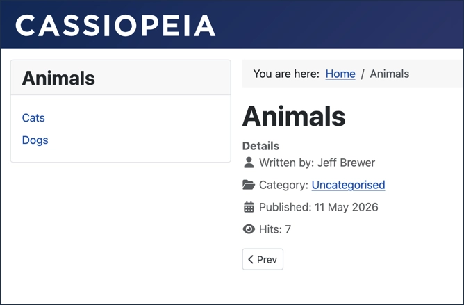 Animals menu displaying links for Dogs and Cats