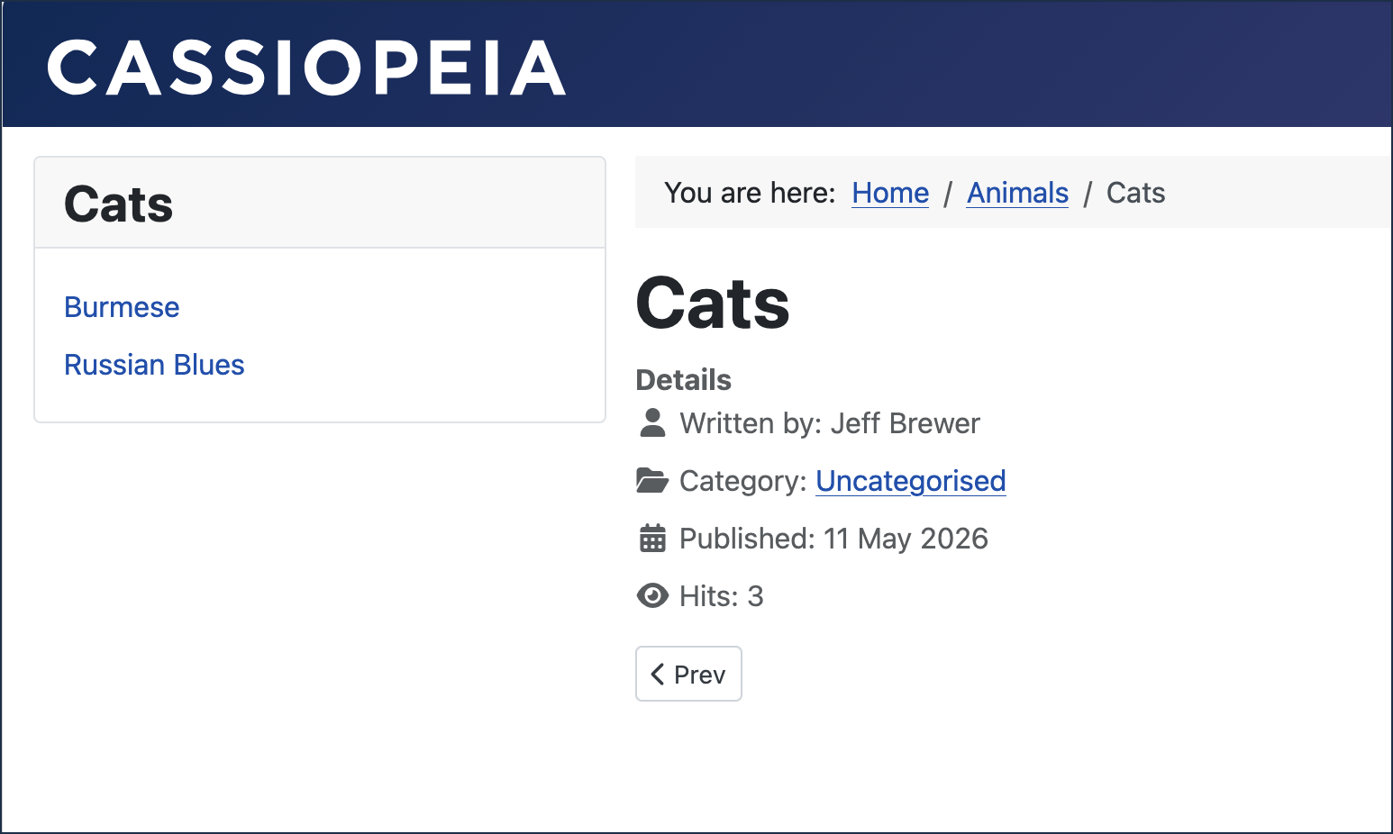 Cats menu module showing links to the breeds of cats. The breadcrumb menu at the top provides navigation back up the hierarchy.
