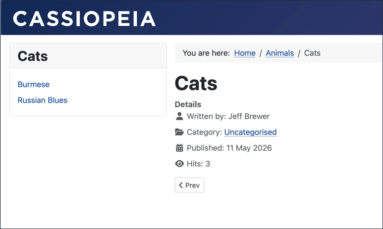Cats menu module showing links to the breeds of cats. The breadcrumb menu at the top provides navigation back up the hierarchy.
