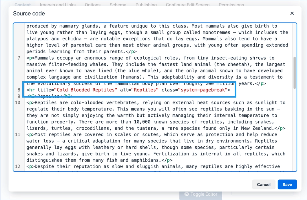 The page break HR tag in the script editor.