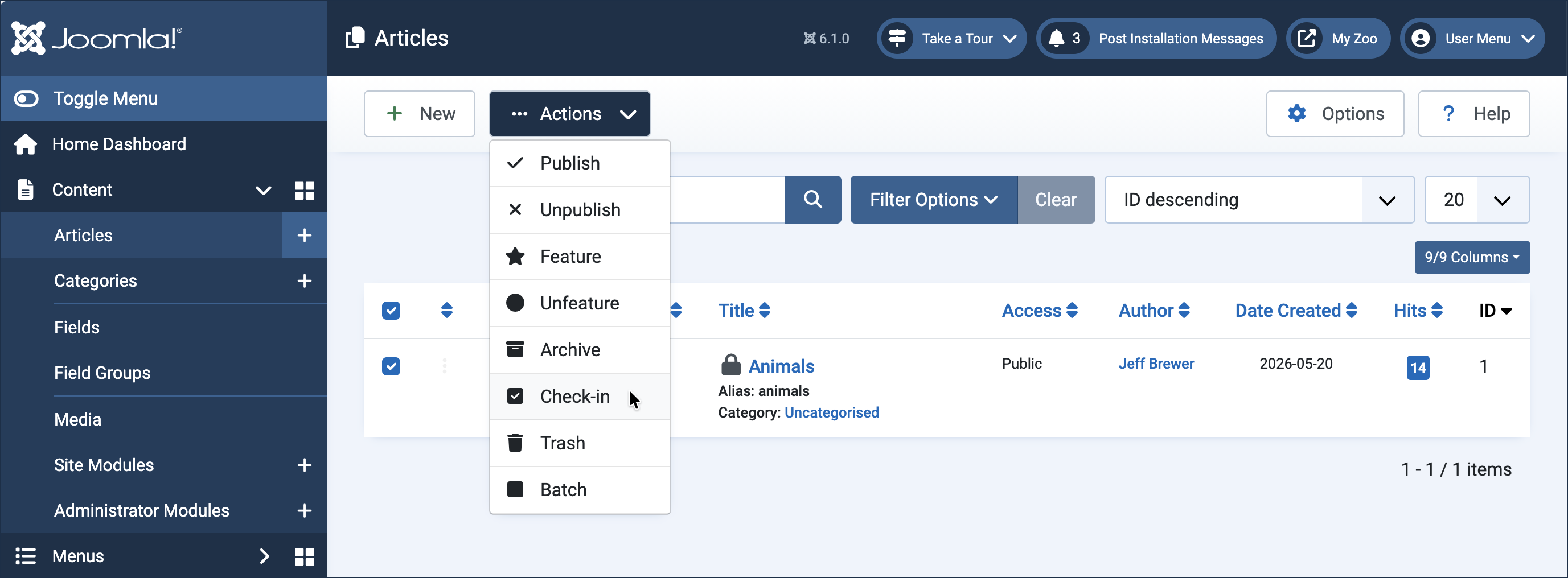 An article being checked-in using the checkbox and action menu