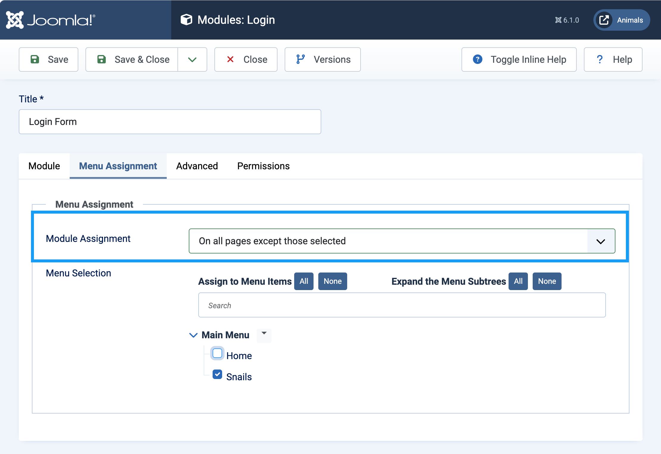 Login module configured to not appear on the Snail menu item