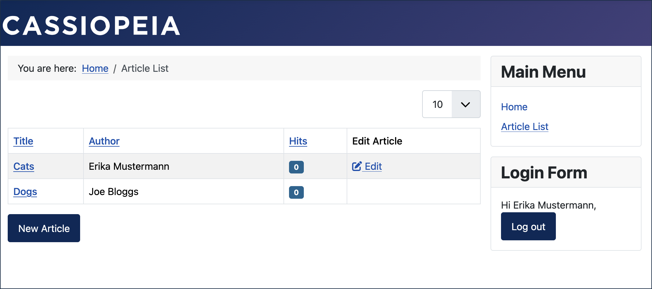 Article List page showing the login form two articles only one of which can be edited by the current user