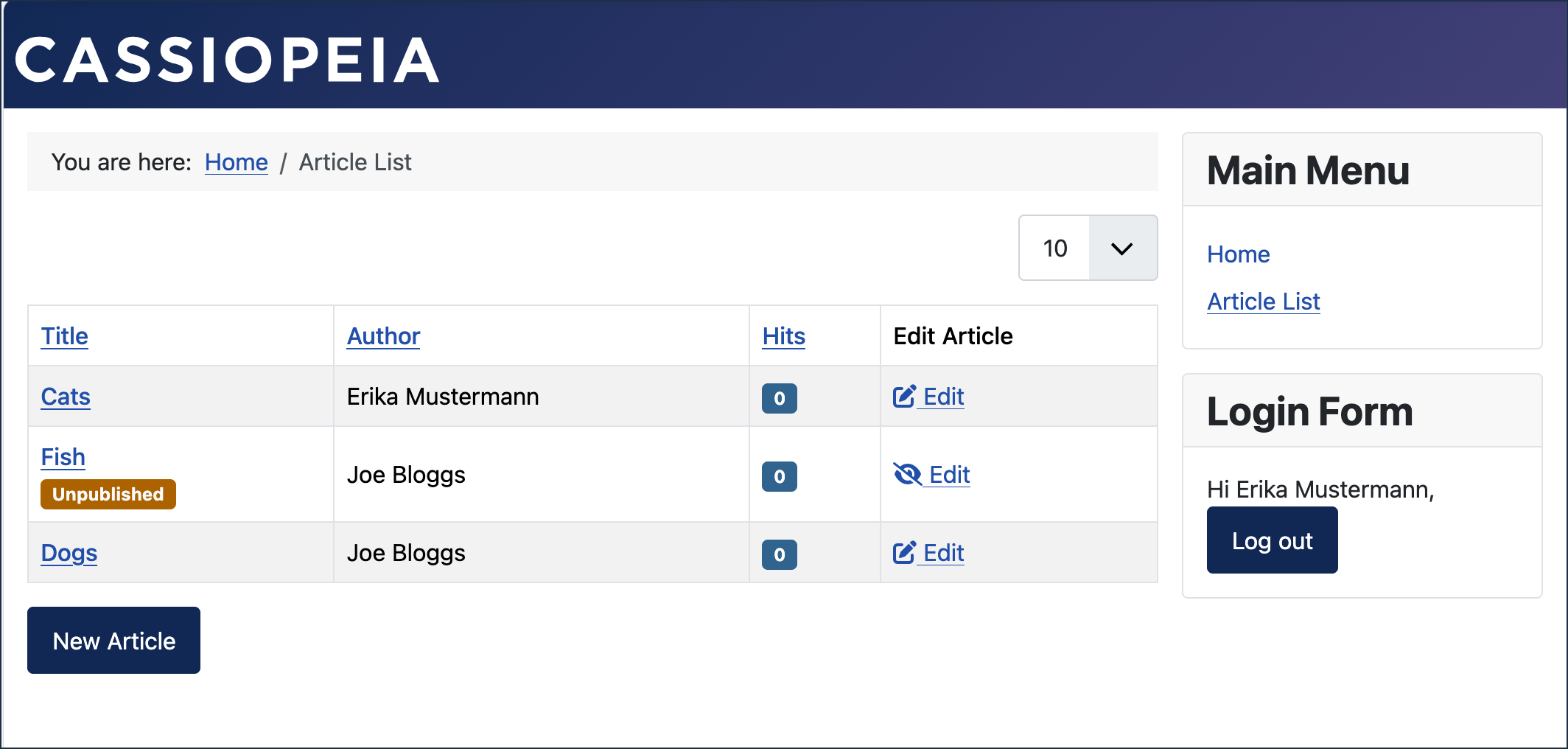 Article list with an editor logged in with the ability to view and edit all articles.
