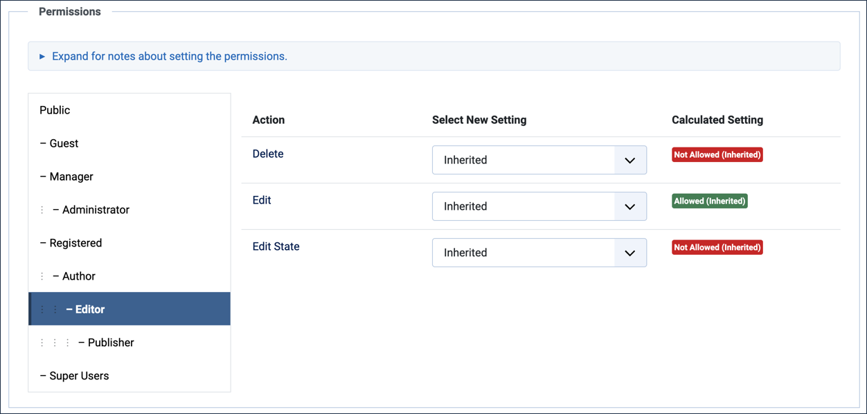 Permissions for default editor