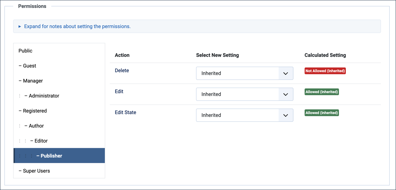 Default permissions for publisher