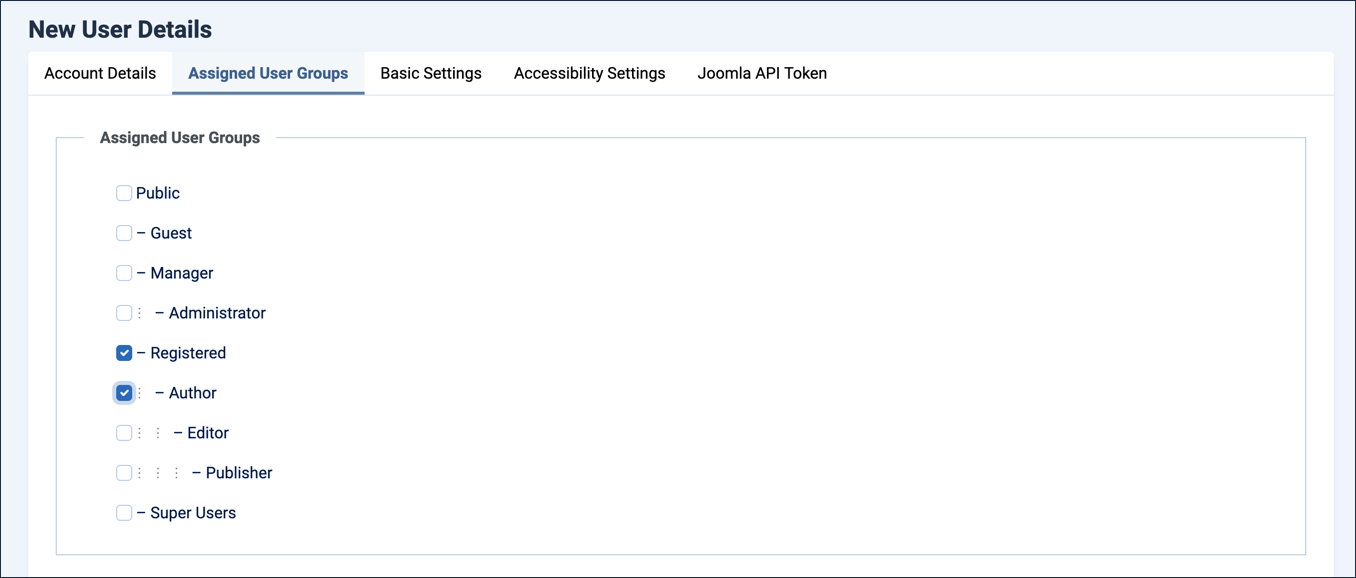Picking roles Author and Registered for the new user