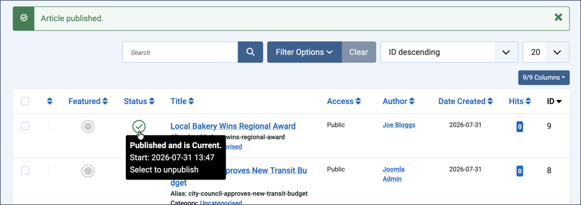 Publishing Joe's article in the backend