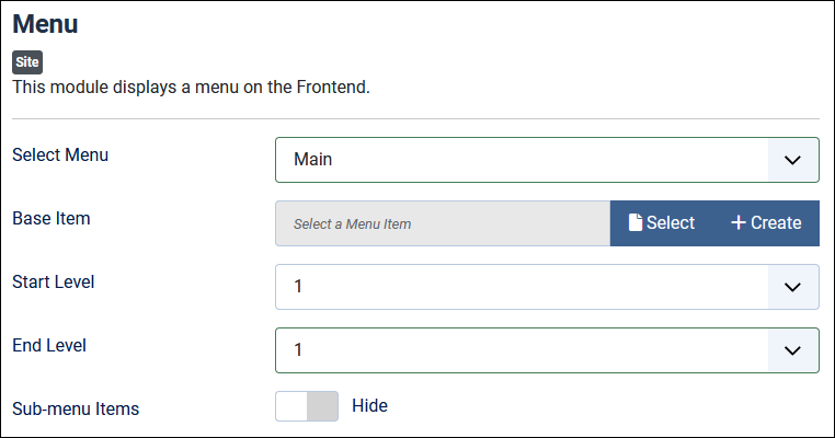 Top-level menu module configured with Start Level and End Level set to 1