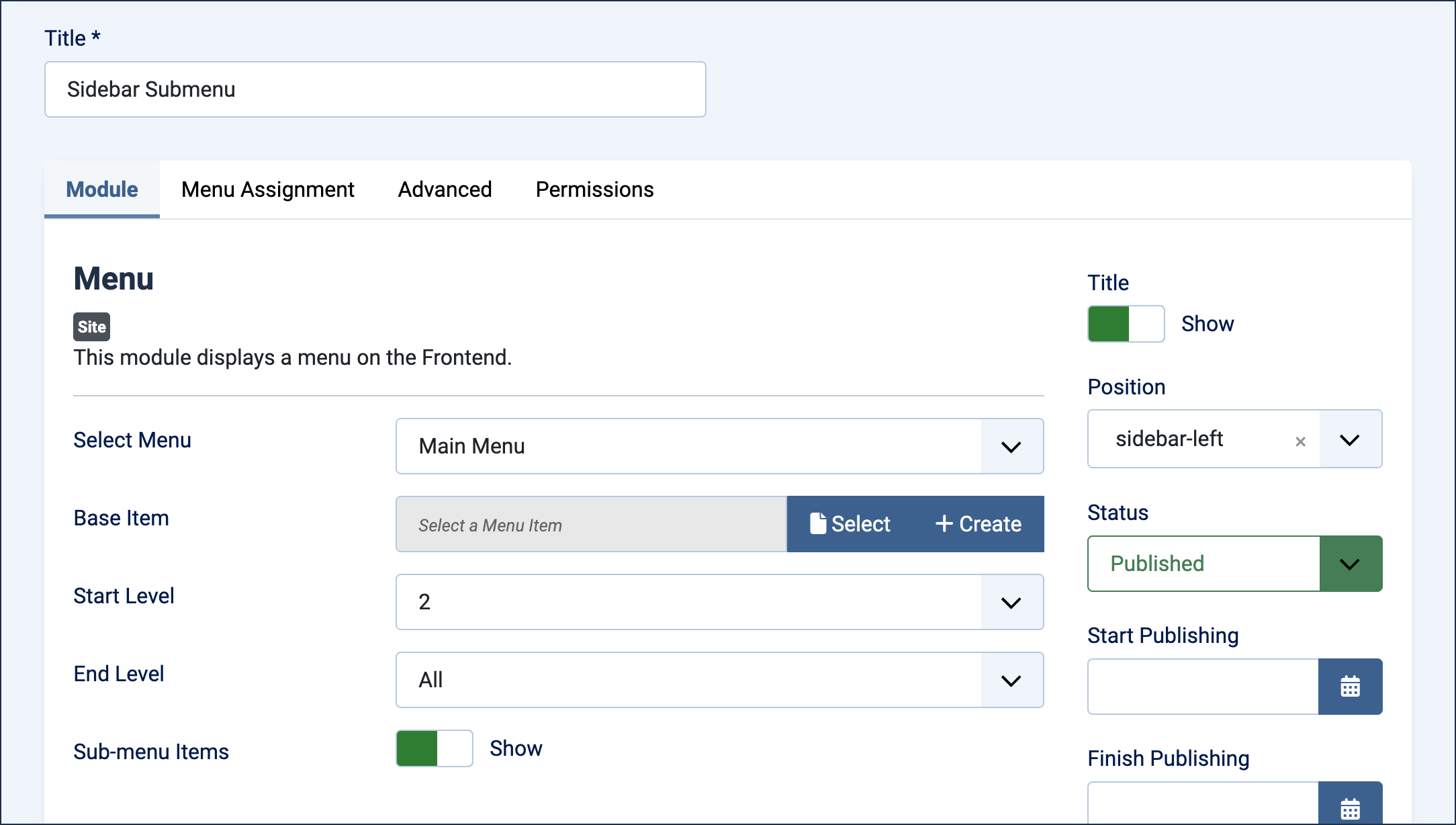 Configuration of the sub menu