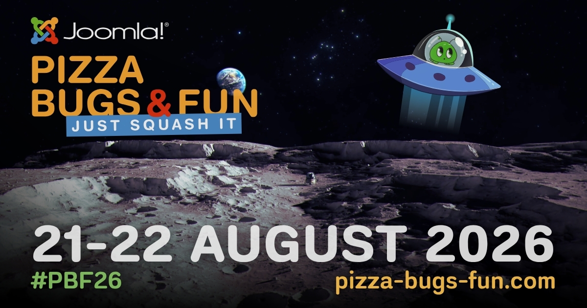 An alien bug announcing the Pizza, Bugs, and Fun of 21-22 August 2026.