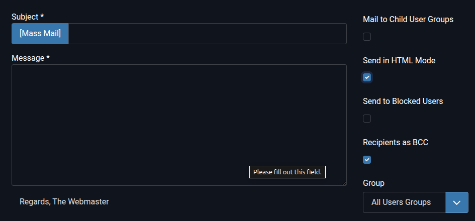 Mass Mail Users Editor