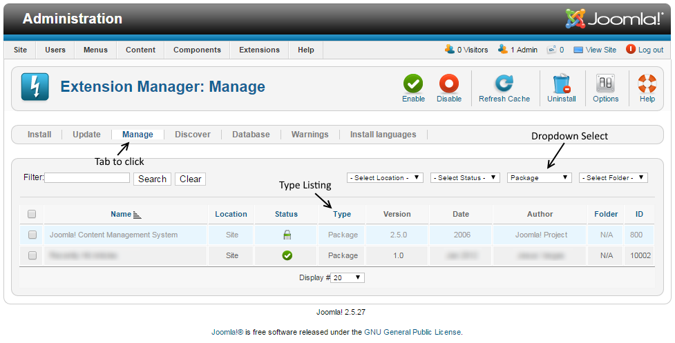 Extension Manager: Manage