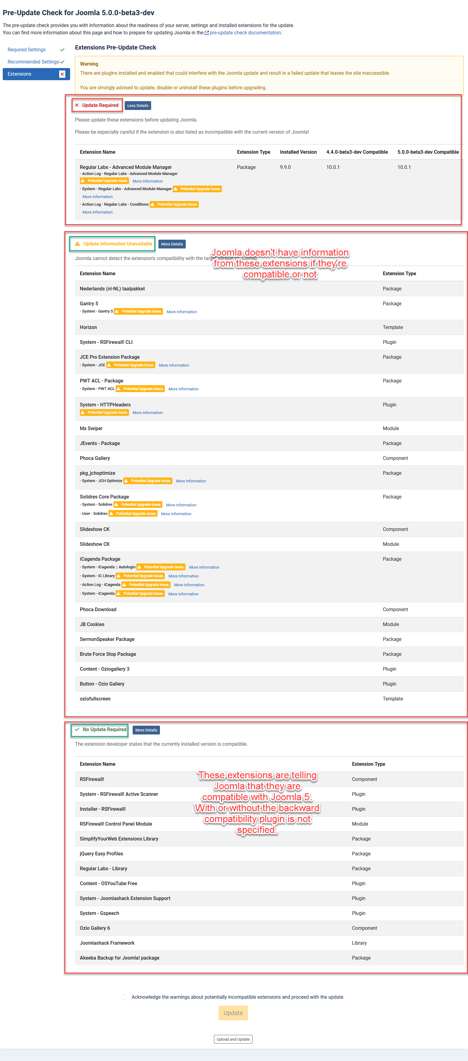 Extensions Pre-Update Check
