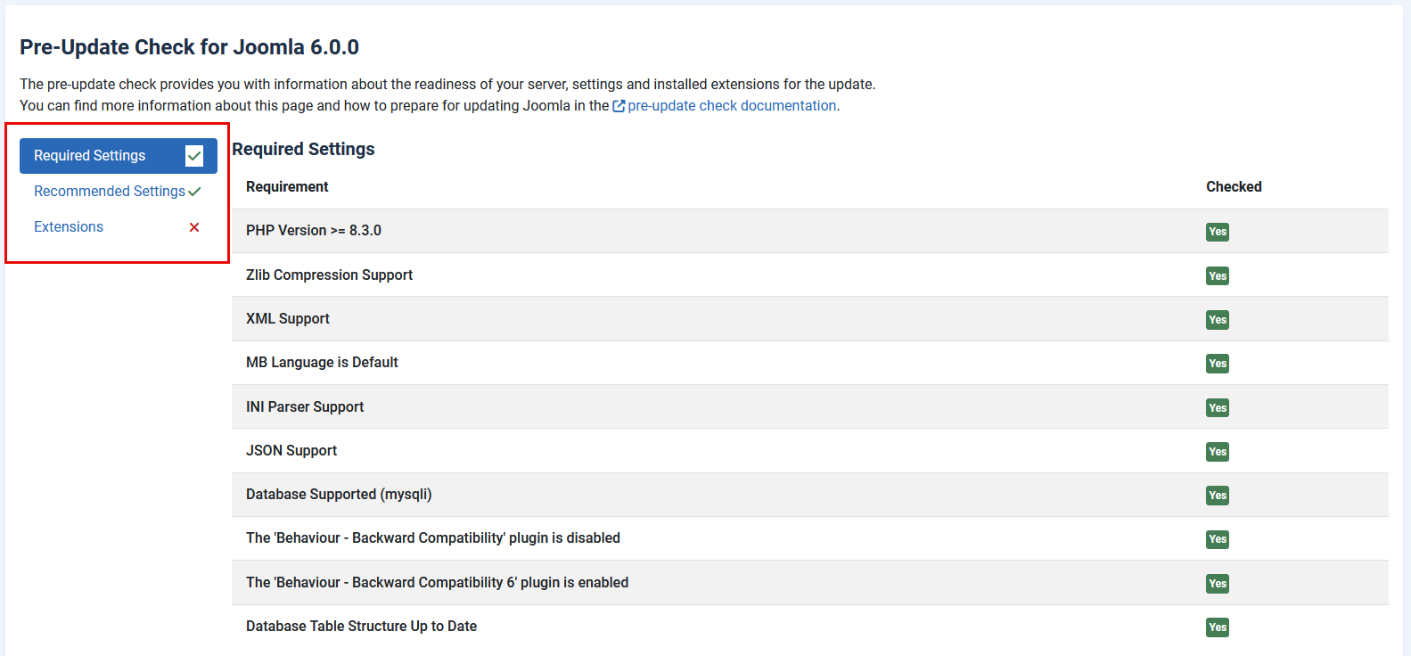 Pre-update Check Extensions Section