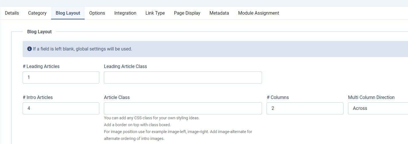 Screenshot Joomla backend category blog menu item settings