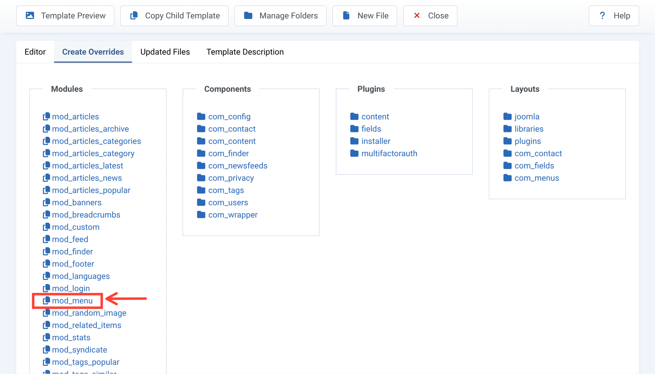 module menu template override selection