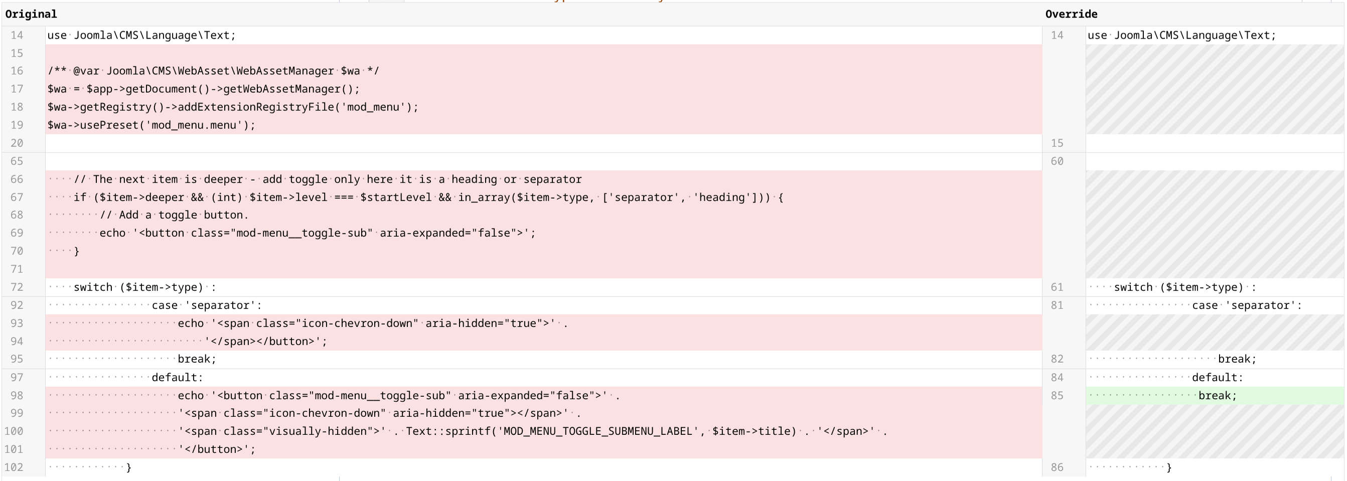 Diff view after removing the code lines for the toggle functionality.