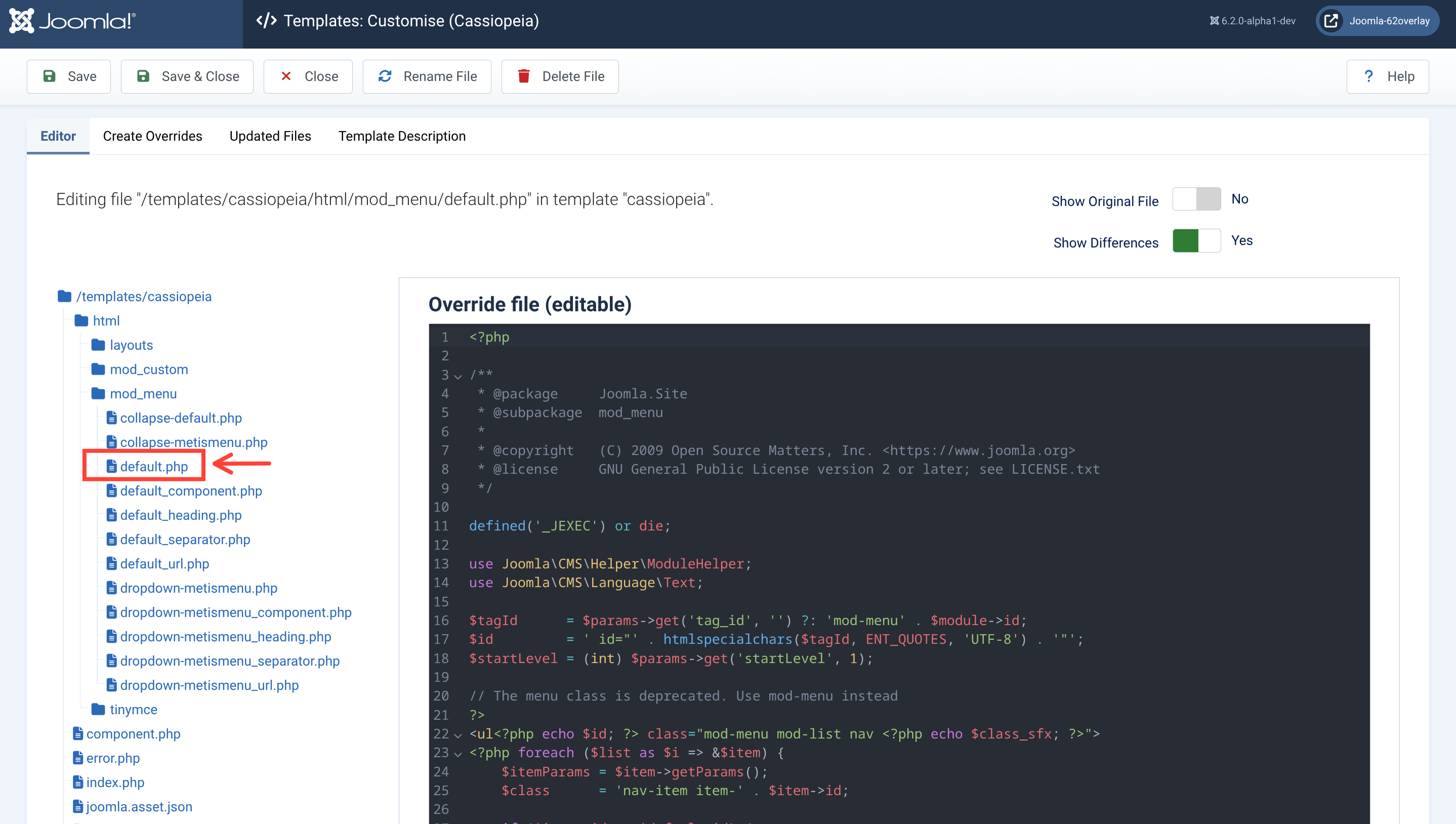 mod_menu override edit tab - open default.php