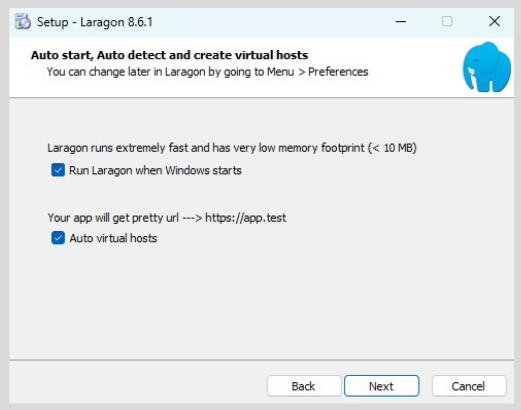 Laragon setup options showing Auto virtual hosts checked