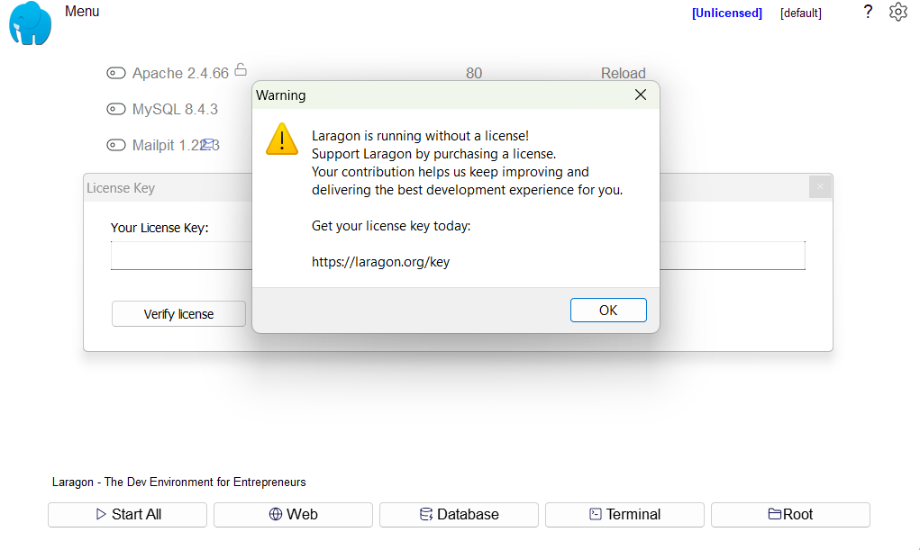 Laragon unlicensed warning pop-up